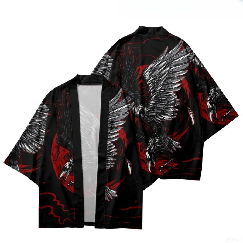 Street Fashion Kimono - 패션 크로우 프린트 오픈 프론트 기모노