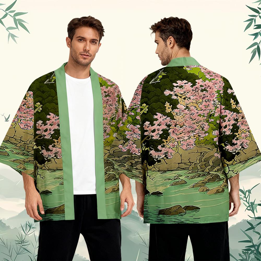 Street Fashion Kimono - 벚꽃 패턴 일본식 기모노 유니섹스 루즈하고