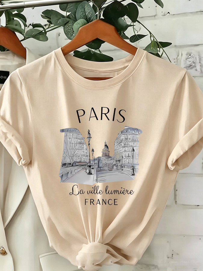 Street Fashion Paris 2025 - 여성용 파리 프린트 크루넥 티셔츠 -