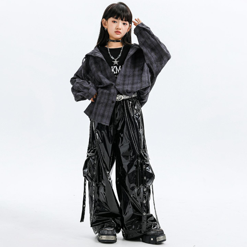 Street Fashion Outfit Girl - 여자 재즈 댄스 의상 후드 체크