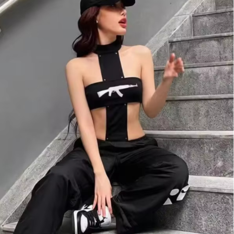 섹시한 Y2K 스트릿웨어 패셔너블 펑크 건 프린팅 홀터 - Street Fashion China Girl 리뷰 및 가격