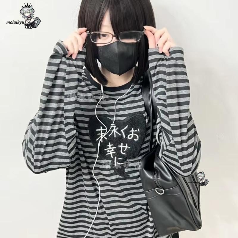 Y2K 아메리칸 펑크 빈티지 O 넥 긴팔 셔츠 올 매치 - Street Fashion Y2K 리뷰 및 가격