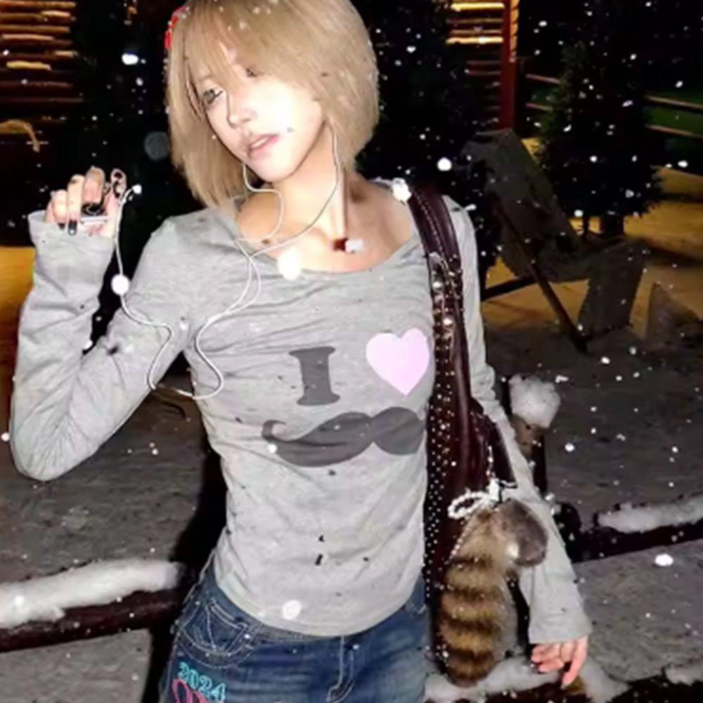 일본 Y2K 수염 프린트 티셔츠 빈티지 하라주쿠 긴팔  - Street Fashion Dance 리뷰 및 가격