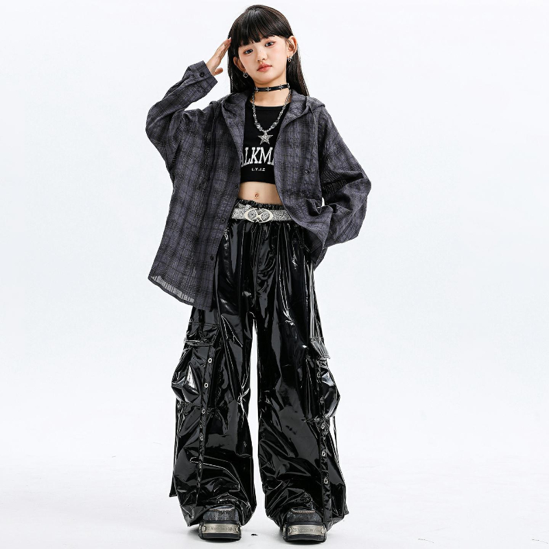 여자 재즈 댄스 의상 후드 체크 무늬 셔츠 가죽 바지  - Street Fashion Outfit Girl 리뷰 및 가격