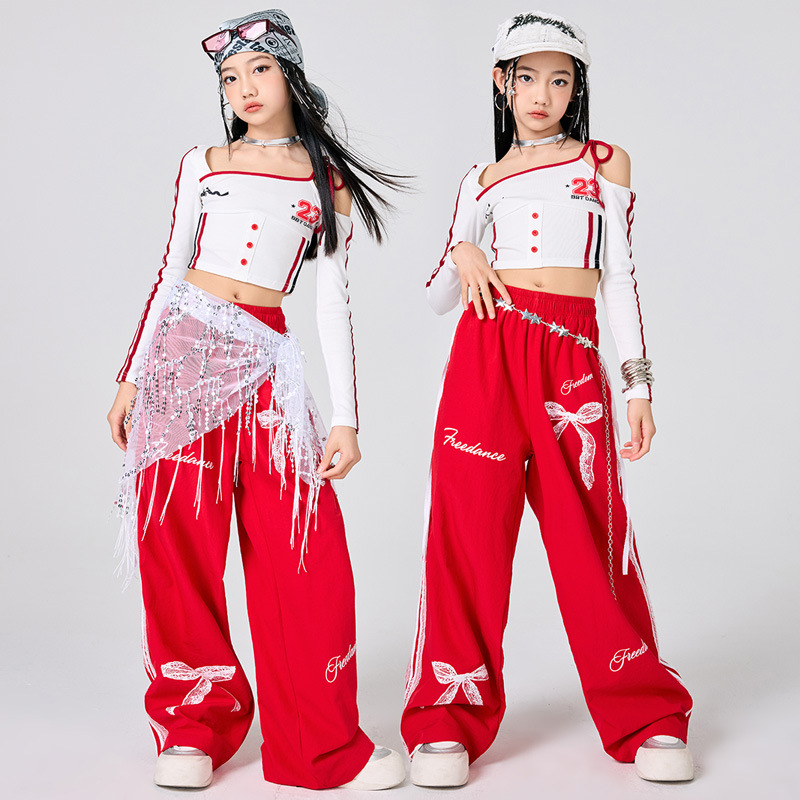 여자 힙합 옷 화이트 탑 레드 스커트 재즈 댄스 공연  - Street Fashion Outfit Girl 리뷰 및 가격