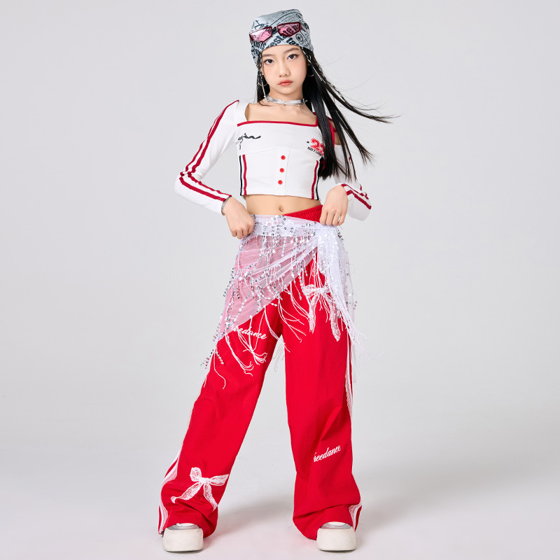 여자 힙합 옷 화이트 탑 레드 스커트 재즈 댄스 공연  - Street Fashion Outfit Girl 리뷰 및 가격