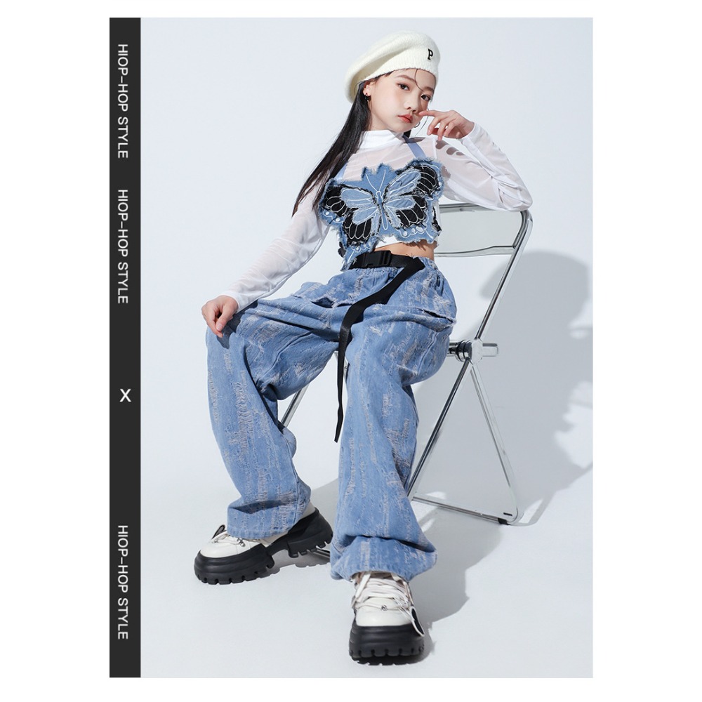 재즈 힙합 댄스 세트 메쉬 긴팔 나비 조끼 데님 팬츠  - Street Fashion Dance 리뷰 및 가격