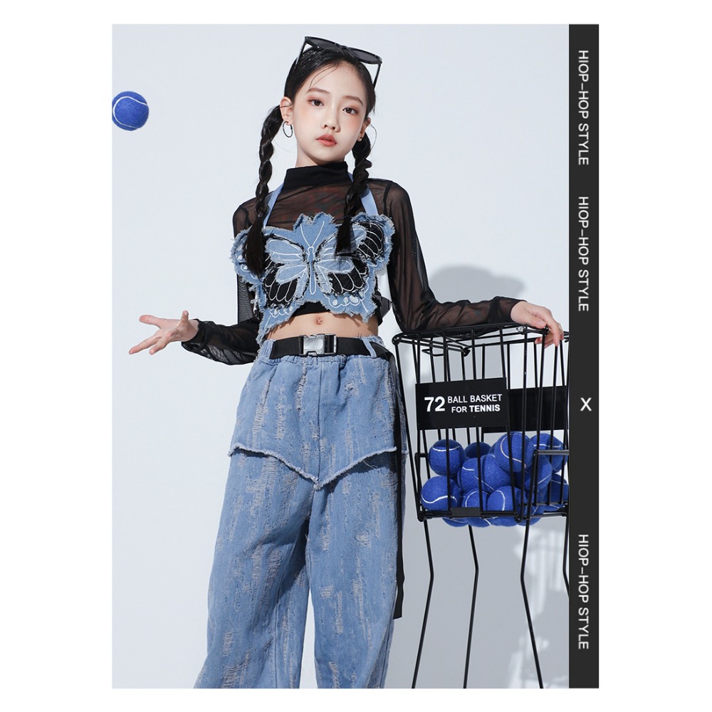 재즈 힙합 댄스 세트 메쉬 긴팔 나비 조끼 데님 팬츠  - Street Fashion Dance 리뷰 및 가격
