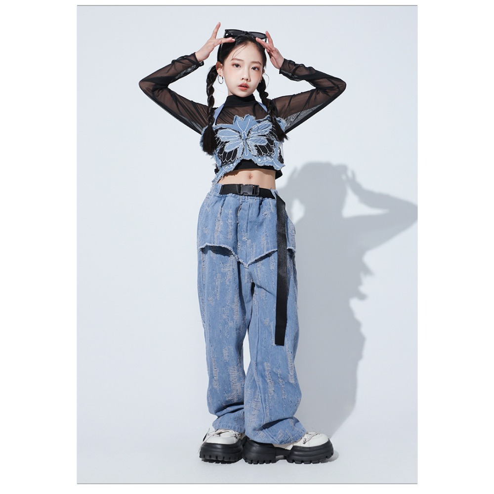 재즈 힙합 댄스 세트 메쉬 긴팔 나비 조끼 데님 팬츠  - Street Fashion Dance 리뷰 및 가격